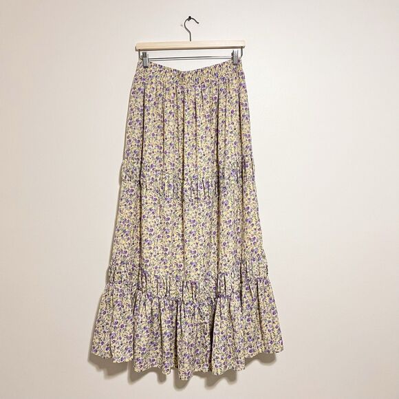 ENGLISH FACTORY Floral Tiered Midi Skirt Cottagecore Prairie Sz L Yellow Purple - Picture 5 of 8